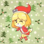  2022 animal_crossing anthro blush canid canine canis christmas christmas_clothing christmas_headwear clothed clothing domestic_dog female flat_chested fully_clothed fur hair hand_on_ear hand_on_head hat headgear headwear hi_res holidays isabelle_(animal_crossing) looking_at_viewer mammal nintendo one_eye_closed rio7 santa_hat shaded shih_tzu signature solo standing toy_dog video_games wink yellow_body yellow_fur 