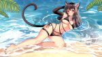  1girl animal_ears arm_up bare_legs bare_shoulders barefoot beach bikini black_bikini black_gloves black_hair breasts cat_ears cat_girl cat_tail cleavage commission day elbow_gloves gloves grin halterneck highres jirafuru lanfear large_breasts long_hair looking_at_viewer multi-strapped_bikini navel outdoors red_eyes side-tie_bikini skindentation smile solo stomach string_bikini swimsuit tail thigh_strap thighs very_long_hair vrchat water 