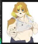  725_hn anthro blonde_hair blue_eyes canid canine canis clothed clothing clothing_lift domestic_dog floppy_ears glare hair hisaki_(live-a-hero) jewelry lifewonders live-a-hero looking_at_viewer male mammal navel necklace shirt shirt_lift solo tank_top topwear video_games 