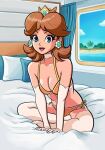  1girl bed brown_hair crown earrings full_body gloves jewelry jf_illustration lingerie mario_(series) open_mouth princess_daisy smile solo underwear 