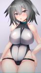  1girl :o arknights bare_shoulders black_collar blush breasts collar cowboy_shot feather_hair grey_background grey_eyes grey_hair grey_leotard greythroat_(arknights) groin hand_on_hip highres infection_monitor_(arknights) large_breasts leotard looking_at_viewer open_mouth simple_background solo tamano_nae thigh_gap thighs 
