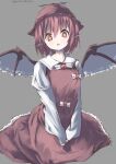  1girl absurdres animal_ears bird_ears bird_wings blush brown_dress brown_eyes brown_headwear dress grey_background hair_between_eyes hat highres long_sleeves mystia_lorelei open_mouth pink_hair pocche-ex short_hair simple_background solo touhou twitter_username white_wings winged_hat wings 