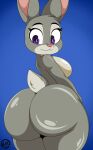  2022 absurd_res anthro big_butt blue_background breasts butt digital_media_(artwork) disney eyebrows eyelashes female hi_res judy_hopps lagomorph leporid looking_back mammal nr_ac nude pink_nose purple_eyes rabbit rear_view simple_background smile solo zootopia 
