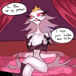  anthro avian beak bed breasts crown demon dialogue feathers female furniture helluva_boss hi_res mature_female nude on_bed open_mouth ryee solo speech_bubble stella_(helluva_boss) tongue white_body white_feathers 