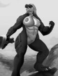  absurd_res anthro breasts building claws crocodile crocodilian crocodylid ctrl-atl-replace7888 dreadlocks eye_scar facial_scar female grass greyscale hi_res house house_in_the_ocean luda_ivanov melee_weapon monochrome muscular muscular_female nipples plant reptile scales scalie scar sea solo sword water weapon 