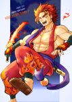  1boy abs bangs dated fangs fingerless_gloves fire flame_print flaming_sword flaming_weapon gloves happy_birthday highres hirano_(spreadbomb) holding japanese_clothes kazama_kazuki looking_at_viewer male_focus muscular muscular_male pants pectorals red_eyes red_gloves red_hair samurai_spirits sandals sheath short_hair smile solo sword thick_eyebrows weapon zouri 
