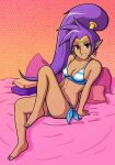  1girl bikini blue_eyes blue_nails breasts cleavage covered_nipples earrings jewelry jf_illustration looking_at_viewer midriff pointy_ears ponytail shantae shantae_(series) smile solo swimsuit tiara 