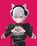  1girl animal_ear_fluff animal_ears arm_belt arm_warmers black_dress black_headwear black_ribbon blush bow bow_earrings breasts buckle cat_ears closed_mouth commentary_request cross_piercing dress ear_chain earrings eyes_visible_through_hair gothic_lolita hair_over_one_eye hands_up heart heart_hands hexagon hexagon_hair_ornament highres jewelry large_breasts light_smile lolita_fashion looking_at_viewer maid_headdress mitsurugi_lia neck_ribbon o-ring pink_background pmasterm puffy_short_sleeves puffy_sleeves red_eyes ribbon short_hair short_sleeves underbust upper_body virtual_youtuber wactor_production white_hair white_ribbon 
