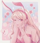  1girl akamatsu_kaede animal_ears bangs bare_shoulders blue_background breasts cheer_(cheerkitty14) cleavage danganronpa_(series) danganronpa_v3:_killing_harmony fake_animal_ears floral_background hair_ornament hands_up highres large_breasts leotard musical_note musical_note_hair_ornament nail_polish official_alternate_costume one_eye_closed pink_background pink_eyes pink_leotard pink_nails rabbit shiny shiny_hair solo sticker tongue tongue_out upper_body 