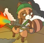  2022 :3 action_pose ambiguous_gender anthro armor belt big_tail brown_body brown_eyes brown_fur canid canine clothing detailed detailed_background flamethrower fur glistening glistening_eyes headgear headwear helmet hi_res holding_object holding_weapon looking_away mammal markings pose raccoon_dog ranged_weapon rio7 shaded shadow signature smile smoke solo standing striped_body striped_fur striped_markings striped_tail stripes tail_markings tan_body tan_fur tanuki weapon white_body white_fur 