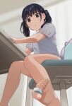  1girl :o backpack bag barefoot between_toes black_hair blurry blurry_background blurry_foreground blush book brown_eyes chair depth_of_field eraser feet foot_focus foreshortening from_below grey_shirt looking_at_viewer looking_down mattaku_mousuke office_chair on_chair open_book original parted_lips shirt short_sleeves soles solo table toes twintails twitter_username watermark 