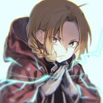  1boy alphonse_elric bangs black_shirt blonde_hair blue_background braid brown_eyes commentary electricity forehead fullmetal_alchemist gloves hood hood_down hooded_jacket jacket long_hair looking_at_viewer male_focus midorikawa_you open_clothes open_jacket parted_bangs red_jacket shirt simple_background single_braid solo steepled_fingers upper_body v-shaped_eyebrows white_gloves 