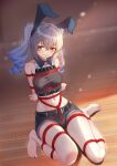  1girl animal_ears bangs barefoot bdsm belt black_shorts bondage bound breasts bronya_zaychik bronya_zaychik_(haxxor_bunny) drill_hair fake_animal_ears full_body grey_eyes grey_hair guangmi2009 highres honkai_(series) honkai_impact_3rd long_hair looking_at_viewer midriff navel rabbit_ears restrained shirt short_shorts shorts sleeveless sleeveless_shirt solo tied_up_(nonsexual) toes twin_drills wooden_floor 