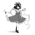  1girl bow detached_sleeves floating_hair giantcavemushroom gohei greyscale hair_bow hakurei_reimu highres holding medium_hair monochrome shadow skirt solo spikes talisman touhou twitter_username white_background 