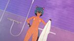  16:9 anthro bathroom blue_body blue_eyes blue_hair brand_new_animal breasts brown_body brown_fur canid canine canis casual_nudity digital_media_(artwork) dropper_(artist) female fur genitals hair hi_res holding_object holding_towel mammal michiru_kagemori navel netflix nipples nude pussy raccoon_dog shower solo steam studio_trigger tanuki towel wet widescreen 