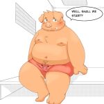  2022 anthro belly blush clothing english_text hi_res male mammal navel nipples overweight sitting solo suid suina sus_(pig) text underwear wild_boar yoshirotoga 