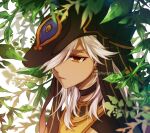  1boy animal_hat arabian_clothes artist_name bangs black_choker black_headwear branch choker closed_mouth cyno_(genshin_impact) dark-skinned_male dark_skin expressionless eyelashes genshin_impact hair_over_one_eye hat hutaba_29 jitome leaf looking_at_viewer male_focus medium_hair one_eye_covered parted_bangs red_eyes sidelocks solo swept_bangs twitter_username upper_body white_hair 