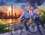  2boys aqua_hair asymmetrical_bangs bag bangs bicycle blue_eyes blue_hair blue_sky building chongyun_(genshin_impact) city cityscape cloud cloudy_sky commentary denim evening genshin_impact ground_vehicle hair_between_eyes highres holding hood jeans leaf looking_at_viewer male_focus multiple_boys nature necktie ocean open_mouth orange_sky outdoors pants railing reflection reflective_water riding road scenery shirt shoes short_hair sky skyscraper smile sneakers sparkle sun sunset teeth tsukiaki_teriyaki twilight upper_teeth water white_shirt xingqiu_(genshin_impact) yellow_eyes 