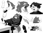  2boys animal_ears arknights brothers capone_(arknights) chair close-up coffee coffee_mug cup desk furry gambino_(arknights) iwashi_80 legs_on_table mug multiple_boys open_mouth scar scar_on_face sharp_teeth siblings sitting tail teeth wolf_boy wolf_ears wolf_tail 