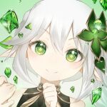  1girl closed_mouth elf genshin_impact green_eyes hair_ornament highres nahida_(genshin_impact) pointy_ears side_ponytail sioay smile solo symbol-shaped_pupils white_hair 