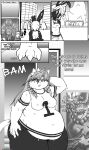  2018 absurd_res anthro belly big_belly big_breasts blake_sinclair bodily_fluids bottomwear breasts building clothing comic domestic_cat english_text felid feline felis female football_jersey grass group hand_behind_head hi_res if_hell_had_a_taste jolly_von_rabbit lagomorph leporid male mall mammal marci_hetson monochrome navel_outline nipple_outline notched_ear obese obese_anthro obese_female overweight overweight_anthro overweight_female pants plant rabbit scar shirt sign sweat sweatpants text topwear tree unknown_species viroveteruscy 