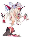  1girl armband bandaged_leg bandages bangs barefoot bat_(animal) bat_wings blood blood_bag blush breasts cleavage coat doughnut flying food full_body holding holding_syringe iv_stand long_hair long_sleeves maid_headdress medium_breasts mouth_hold naked_bandage navel off_shoulder original pointy_ears purple_eyes purple_hair solo starshadowmagician syringe white_background white_coat wings 