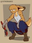  3:4 absurd_res anthro barefoot brown_body brown_eyes brown_fur clothing crouching feet fingers fluffy fluffy_tail fur hand_wraps hi_res holding_object horn hybrid lagomorph looking_at_viewer male mammal shirt solo spots spotted_body spotted_fur tank_top the_man tired tools topwear watermark wraps wrench 