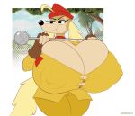  anthro big_breasts black_eyes breasts camel_toe canid canine canis clothed clothing cuphead_(game) domestic_dog female fingerless_gloves gloves handwear hat headgear headwear holding_object huge_breasts hunting_dog hyper hyper_breasts mammal multicolored_body nipple_outline pilot_saluki_(cuphead) saluki schwoo sighthound solo straining_buttons thick_thighs two_tone_body video_games wide_hips 