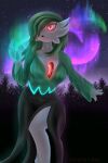  2022 3_fingers aurora_borealis breasts detailed_background divifilly female fingers gardevoir glowing glowing_eyes green_hair hair hair_over_eye hi_res humanoid medium_breasts medium_hair night_sky nintendo not_furry one_eye_obstructed open_mouth pok&eacute;mon pok&eacute;mon_(species) psychic red_eyes ruby_(ghostth39) signature solo video_games 