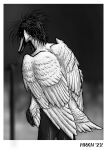  2022 anatid anseriform anserinae anthro avian beak bird black_and_white black_hair blurred_background border bottomwear clothed clothing digital_media_(artwork) feathers felix_lundqvist folded_wings hair half-length_portrait long_hair makaronnie male messy_hair monochrome mute_swan pants pixel_(artwork) portrait rear_view shaded solo standing swan tail_feathers topless white_body white_feathers wings 