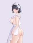  1girl absurdres apron ass black_hair blue_eyes blush breasts covered_nipples cowboy_shot grey_background highres large_breasts looking_back maid maid_headdress naked_apron original shan_(user_hjha4474) short_hair sideboob simple_background solo thighs white_apron 