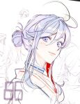  1girl 86_-eightysix- antenna_hair blue_eyes blue_kimono copyright_name gch_(gch_86_) grey_choker grey_hair hair_behind_ear hair_bun highres japanese_clothes kimono looking_at_viewer portrait shinei_nouzen sketch smile solo_focus vladilena_millize white_background white_kimono 