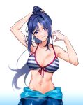  1girl arm_up bare_shoulders bikini blue_hair blush bodysuit breasts cleavage collarbone groin hair_tie halter_top halterneck hand_up highres huge_0330 large_breasts long_hair looking_at_viewer love_live! love_live!_sunshine!! matsuura_kanan navel ponytail purple_eyes smile solo striped striped_bikini swimsuit teeth toned tying_hair upper_body wetsuit 