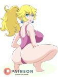  1girl ass blonde_hair blue_eyes earrings jewelry leotard looking_back mario_(series) one-piece_swimsuit open_mouth ponytail princess_peach revista-paradoja solo swimsuit white_background 