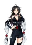  1girl ahoge asymmetrical_clothes bad_id bad_postype_id bare_shoulders black_eyes black_hair bodysuit breasts bright_pupils cleavage closed_mouth cowboy_shot detached_collar female_lord_(lord_of_heroes) hair_ornament hand_in_own_hair hand_on_own_hip hand_up highres huge_0330 long_hair lord_(lord_of_heroes) lord_of_heroes medium_breasts simple_background single_pantsleg single_thighhigh solo standing sweatdrop thighhighs white_background white_pupils 