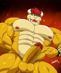  2022 abs anthro balls barazoku biceps big_balls big_muscles big_penis black_background bowser bracelet erection eyebrows fire genitals gesture hair hand_behind_back horn huge_muscles humanoid_genitalia humanoid_penis jewelry koopa male mario_bros muscular nanbuskhan nintendo nipples non-mammal_balls non-mammal_nipples nude obliques open_mouth open_smile pecs penis pointing presenting presenting_penis quads scalie signature simple_background smile solo spiked_bracelet spikes standing teeth thick_penis thick_thighs tongue video_games 