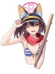  1girl animal_ear_fluff animal_ears bangs bare_arms bare_shoulders bikini blue_archive blush brown_eyes fox_ears halo highres izuna_(blue_archive) izuna_(swimsuit)_(blue_archive) looking_at_viewer official_alternate_costume one_eye_closed rakura_(rakurax) scarf solo string_bikini striped striped_bikini swimsuit upper_body visor_cap yellow_eyes 