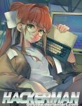  1girl at_computer bangs bow breasts brown_hair cable computer deviantart_username doki_doki_literature_club english_commentary girutea glasses green_eyes grin hackerman jacket kung_fury_(movie) lips long_hair looking_at_viewer monika_(doki_doki_literature_club) parody ponytail scanlines shirt sidelocks sitting small_breasts smile web_address white_bow white_shirt 