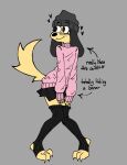  anthro beanie bottomwear canid canine clothing girly hat headgear headwear hi_res hiding_erection legwear male mammal puppynsfw skirt solo stockings 