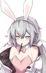  1girl alternate_costume animal_ears bare_shoulders blue_eyes bow bowtie breasts cleavage collarbone counter:side fake_animal_ears flat_chest grey_hair han_sorim heart highres long_hair official_alternate_costume playboy_bunny pocky_in_mouth solo twintails zanlyu 