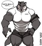  2022 absurd_res airpods anthro apple_inc. armband artist_name barazoku biceps big_muscles bottomwear bulge canid canine canis claws clothed clothing darknaigart dialogue earbuds english_text eyebrows front_view fur hand_on_hip headphones hi_res hotpants huge_muscles male mammal muscular muscular_anthro muscular_male pecs scar shirt shorts simple_background solo standing text thick_thighs tight_clothing topwear tuft white_background wolf wristband 