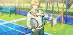  1boy afterl!fe blonde_hair facing_away fingernails green_eyes long_sleeves looking_at_viewer louis_(afterl!fe) male_focus official_art playing_sports racket second-party_source short_hair smile solo sweater teeth tennis_court tennis_racket 