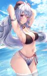  1girl absurdres alacarteneko armpits arms_up bell blue_hair blue_sky breasts cleavage closed_mouth cloud cloudy_sky cowbell day ganyu_(genshin_impact) genshin_impact highres horns large_breasts long_hair looking_at_viewer navel ocean partially_submerged ponytail purple_eyes sky smile swimsuit 