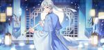  1boy afterl!fe androgynous blue_eyes closed_mouth cloud instrument instrument_request japanese_clothes kimono long_hair looking_at_viewer looking_back male_focus mole mole_under_eye night night_sky nine_(afterl!fe) official_art ponytail second-party_source sky smile solo white_hair 