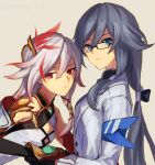  2girls asymmetrical_gloves bangs black_gloves black_hair blue_eyes brown_background china_dress chinese_clothes closed_mouth dress dual_persona fu_hua fu_hua_(night_squire) fu_hua_(phoenix) glasses gloves hair_between_eyes hair_ornament highres honkai_(series) honkai_impact_3rd jacket long_hair long_sleeves looking_at_viewer mismatched_gloves mmhy_hk multiple_girls ponytail red_eyes red_gloves simple_background white_dress white_hair white_jacket 