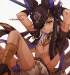  1boy animal_ears animal_hat arabian_clothes arms_behind_head arms_up artist_name bangs black_headwear bridal_gauntlets clenched_teeth cyno_(genshin_impact) dark-skinned_male dark_skin ear_piercing eyelashes feet_out_of_frame genshin_impact hair_over_one_eye hat hutaba_29 jackal_ears knees_up long_hair looking_at_viewer male_focus midriff one_eye_covered parted_bangs parted_lips piercing red_eyes shaded_face sidelocks sitting solo swept_bangs teeth twitter_username white_background white_hair 