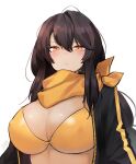  1girl absurdres black_hair blush breasts cleavage closed_mouth counter:side dark-skinned_female dark_skin highres large_breasts long_hair looking_at_viewer nina_anderson signature solo white_background yellow_eyes zanlyu 