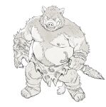  2022 anthro belly big_belly bottomwear clothing hi_res humanoid_hands huynhduyad14 kemono loincloth male mammal moobs nipples overweight overweight_male simple_background solo suid suina sus_(pig) weapon wild_boar 