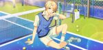  1boy afterl!fe ball blonde_hair fingernails green_eyes looking_at_viewer louis_(afterl!fe) male_focus official_art open_mouth second-party_source short_hair short_sleeves sitting smile solo sportswear sweater_vest teeth tennis_ball tennis_court tennis_uniform vest 