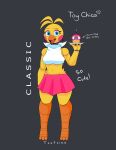  2022 absurd_res animatronic anthro avian bib bird blue_eyes blush blush_stickers bottomwear chicken clothing cupcake ear_piercing ear_ring english_text eyebrows eyeshadow female five_nights_at_freddy&#039;s five_nights_at_freddy&#039;s_2 food galliform gallus_(genus) hi_res lipstick machine makeup midriff navel open_mouth phasianid piercing ring_piercing robot scottgames simple_background skirt smile solo text tongue toy_chica_(fnaf) video_games yellow_body zhenai 